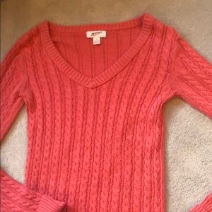 Arizona Jean Company Sweaters - Peach Pink V-Neck Cable Knit Sweater Arizona Jean Company Sweaters - Peach Pink V-Neck Cable Knit Sweater